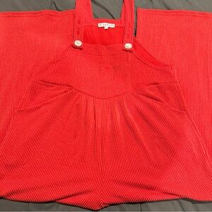 Red Ribbed Overalls with Button Accents